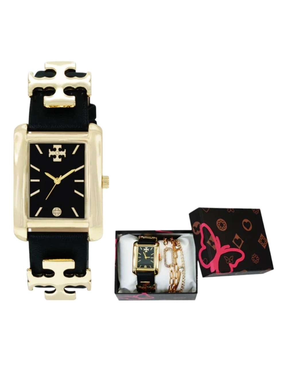 Tory Burch Inspired Gold-Tone Black Leather Women's Watch & Bracelet Set